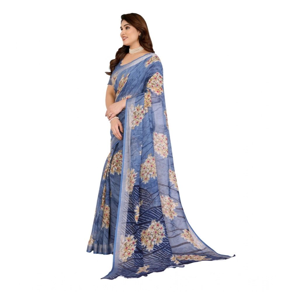 Generic Women's Georgette Printed Saree With Unstitched Blouse 5.5Mtr (Blue)