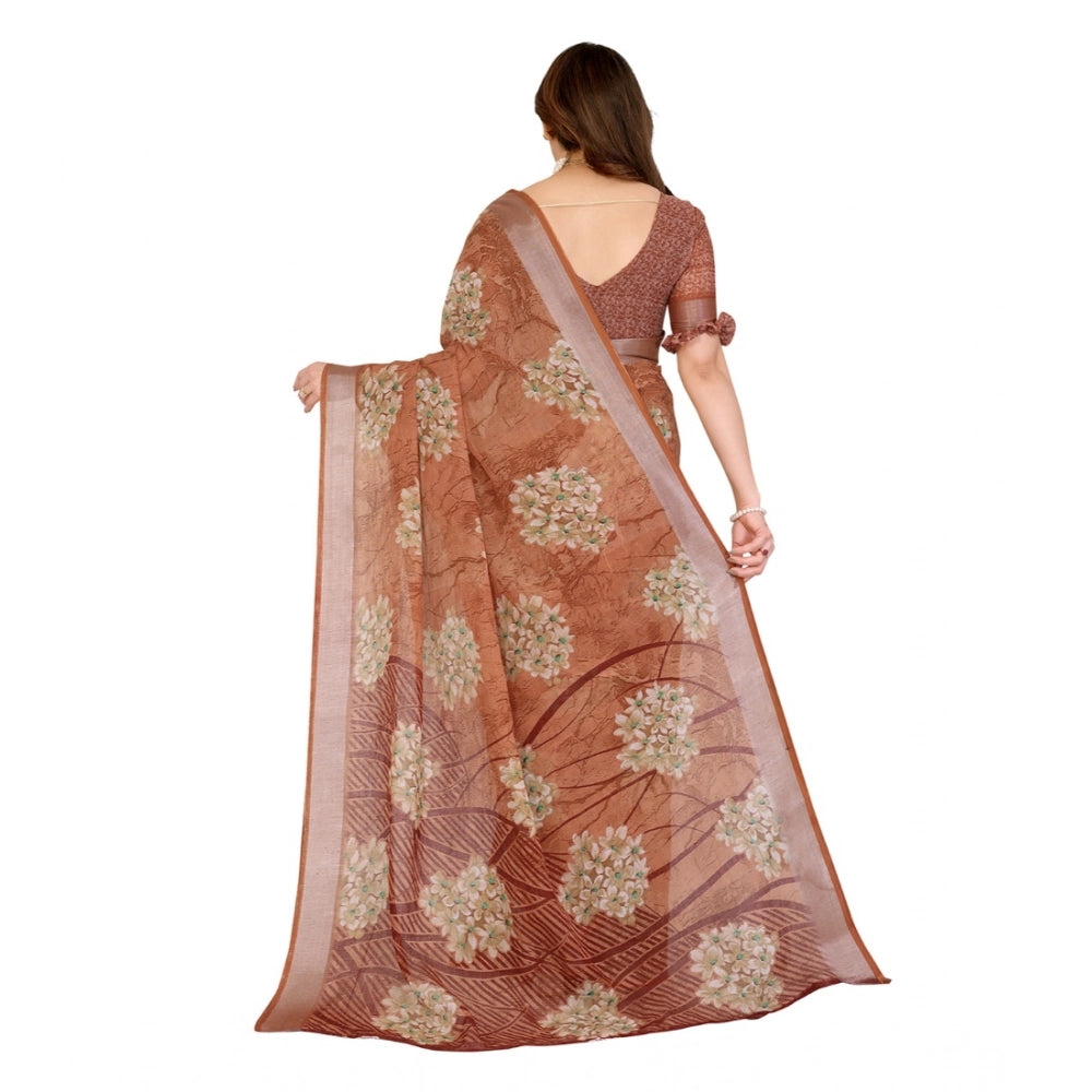 Generic Women's Georgette Printed Saree With Unstitched Blouse 5.5Mtr (Brown)