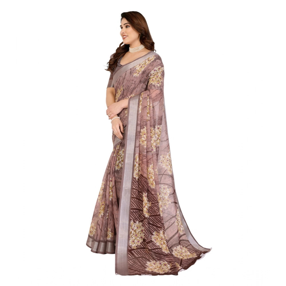 Generic Women's Georgette Printed Saree With Unstitched Blouse 5.5Mtr (Brown)
