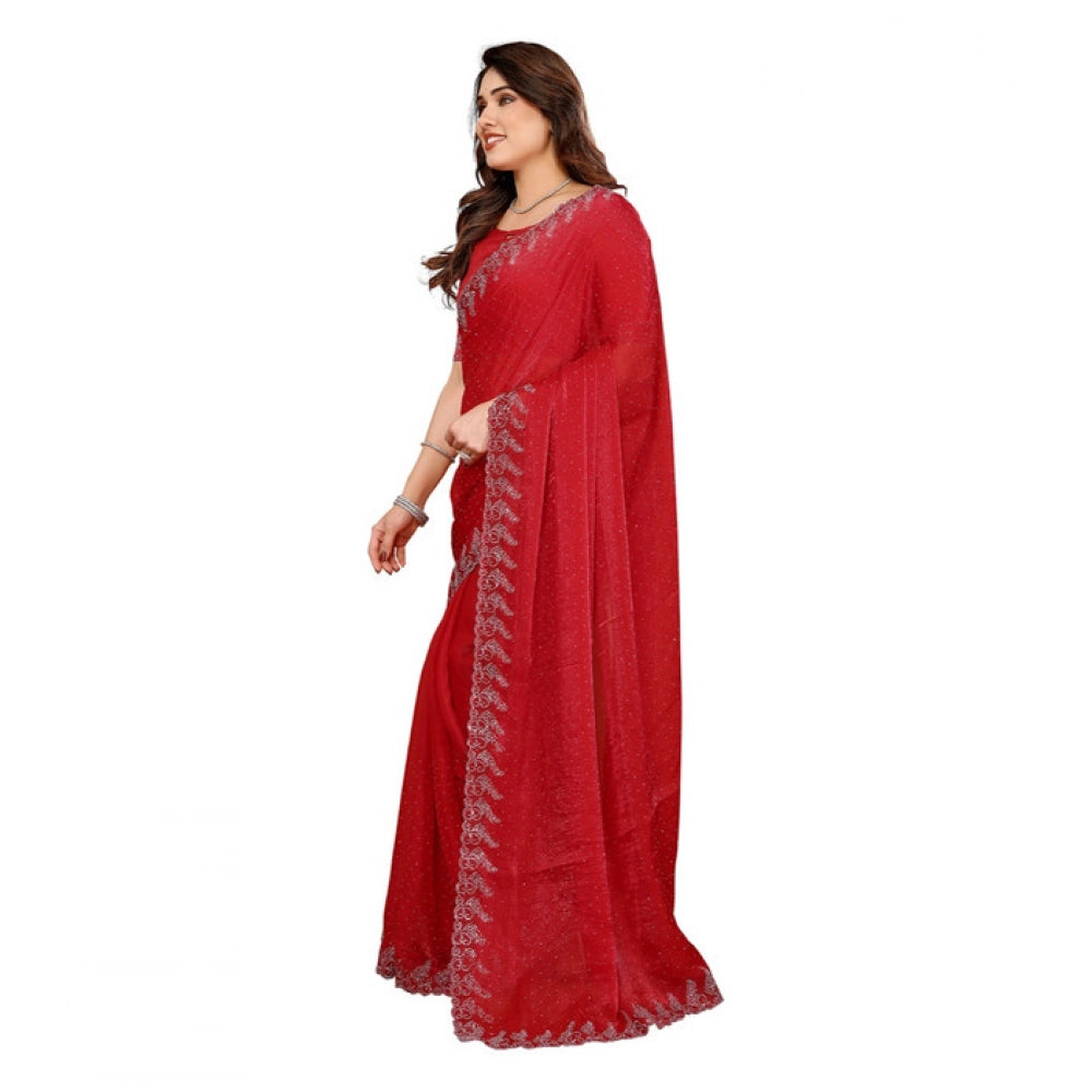 Generic Women's Georgette Printed Saree With Unstitched Blouse 5.5Mtr (Red)