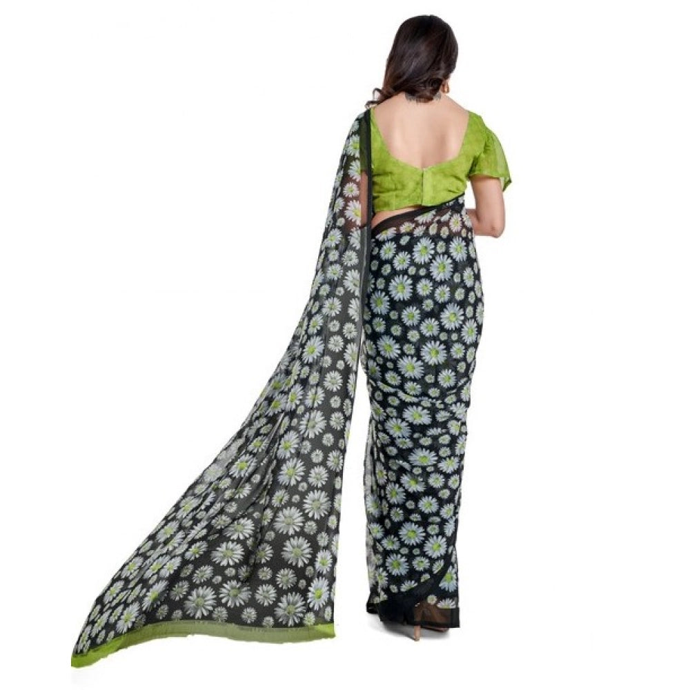 Generic Women's Georgette Printed Saree With Unstitched Blouse 5.5Mtr (Green)