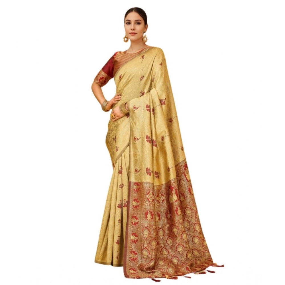 Generic Women's Silk Blend Woven Paithani Saree With Unstitched Blouse 5.5Mtr (Beige)