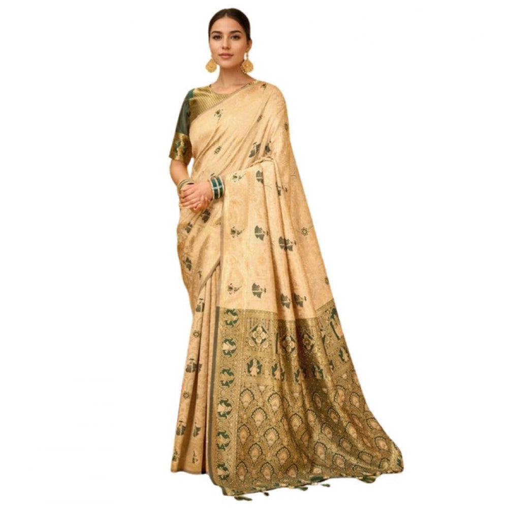 Generic Women's Silk Blend Woven Paithani Saree With Unstitched Blouse 5.5Mtr (Cream)