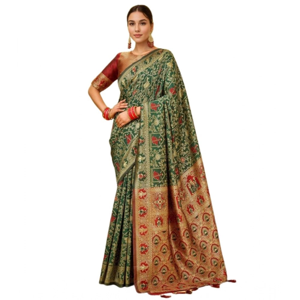 Generic Women's Silk Blend Woven Paithani Saree With Unstitched Blouse 5.5Mtr (Green)