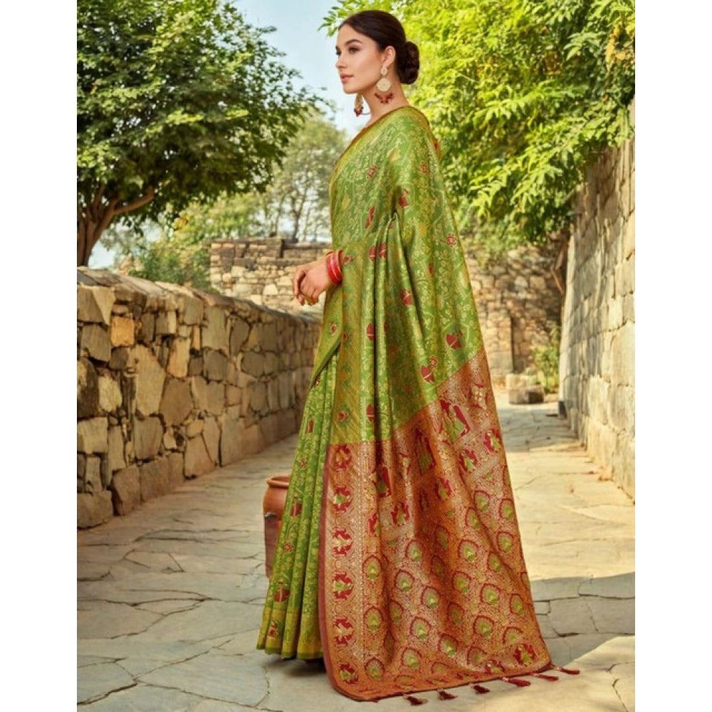 Generic Women's Silk Blend Woven Paithani Saree With Unstitched Blouse 5.5Mtr (Light Green)