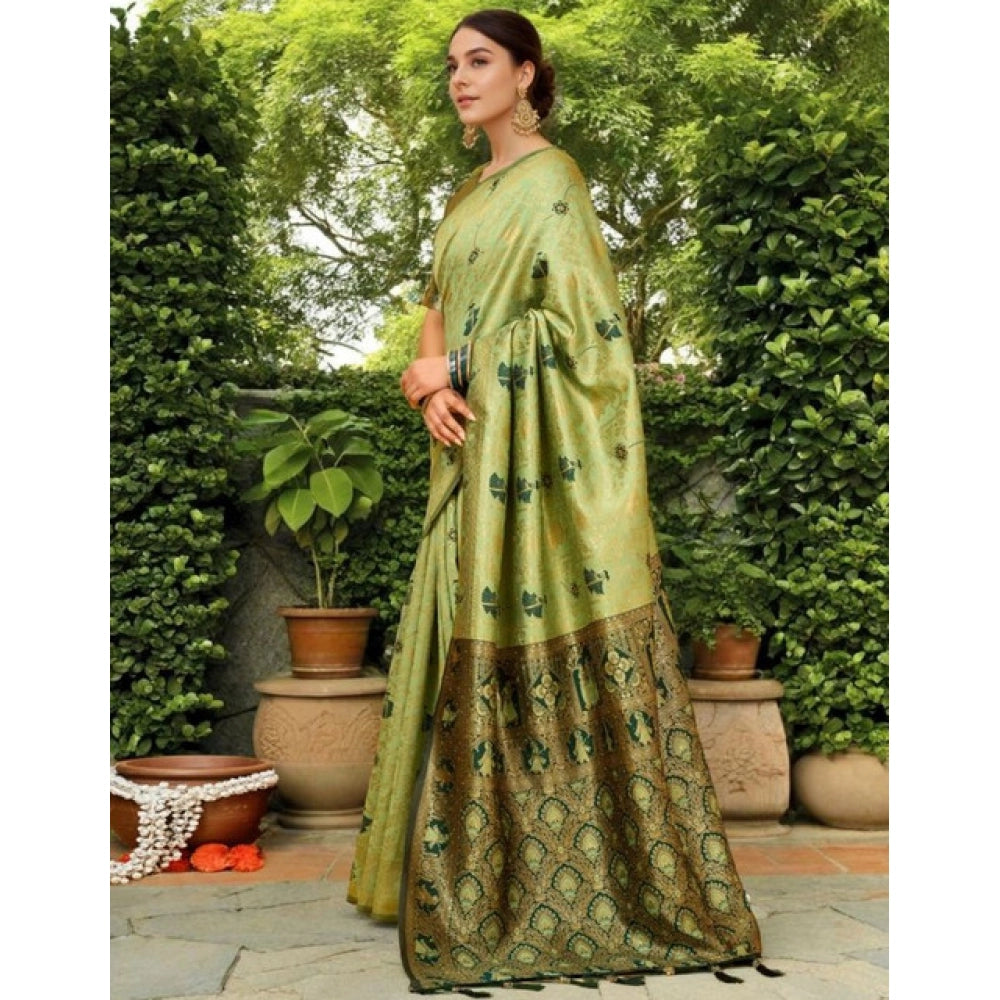 Generic Women's Silk Blend Woven Paithani Saree With Unstitched Blouse 5.5Mtr (Olive)