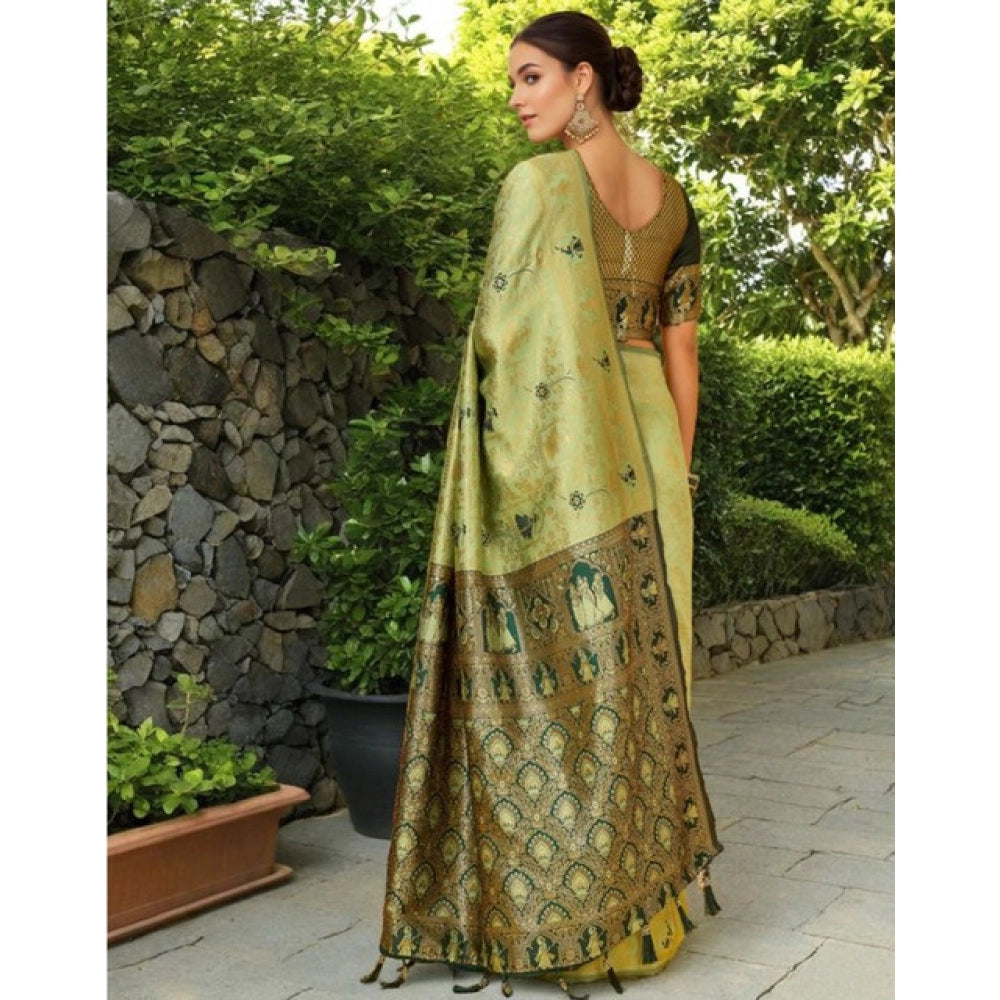 Generic Women's Silk Blend Woven Paithani Saree With Unstitched Blouse 5.5Mtr (Olive)