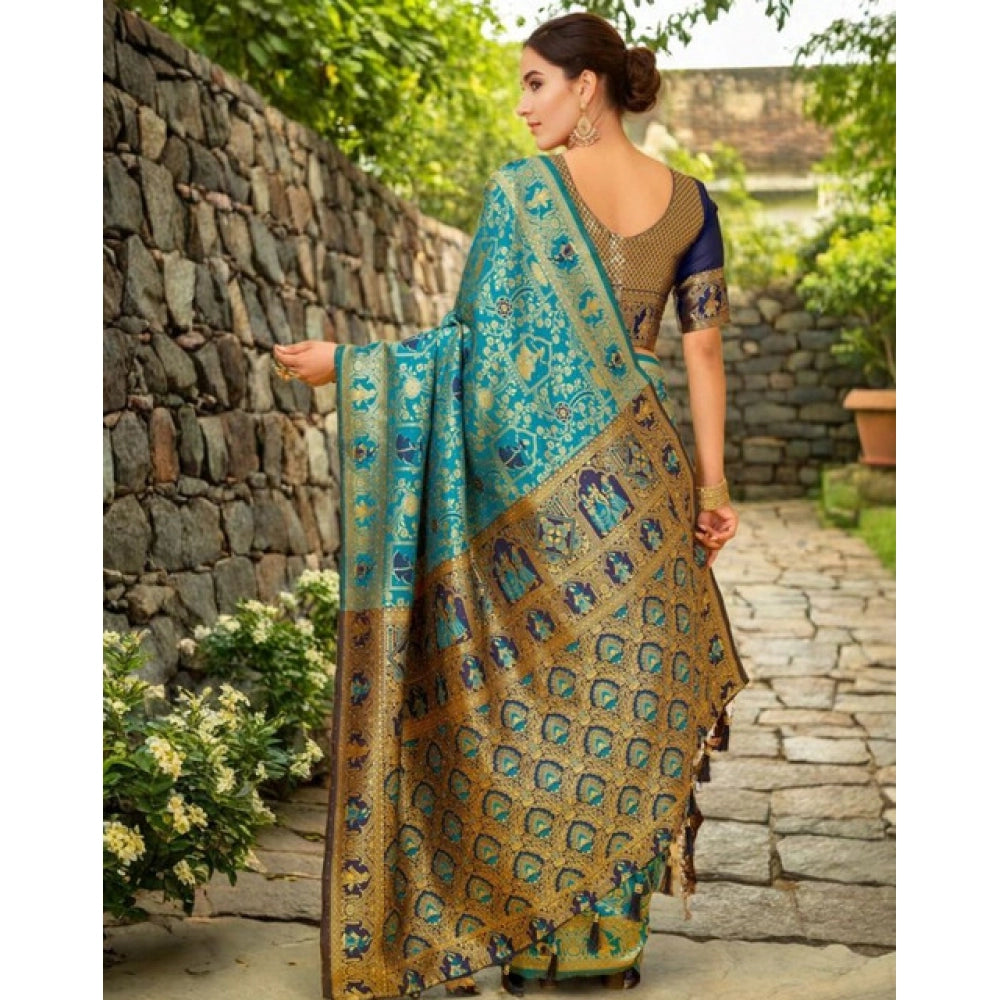 Generic Women's Silk Blend Woven Paithani Saree With Unstitched Blouse 5.5Mtr (Rama)