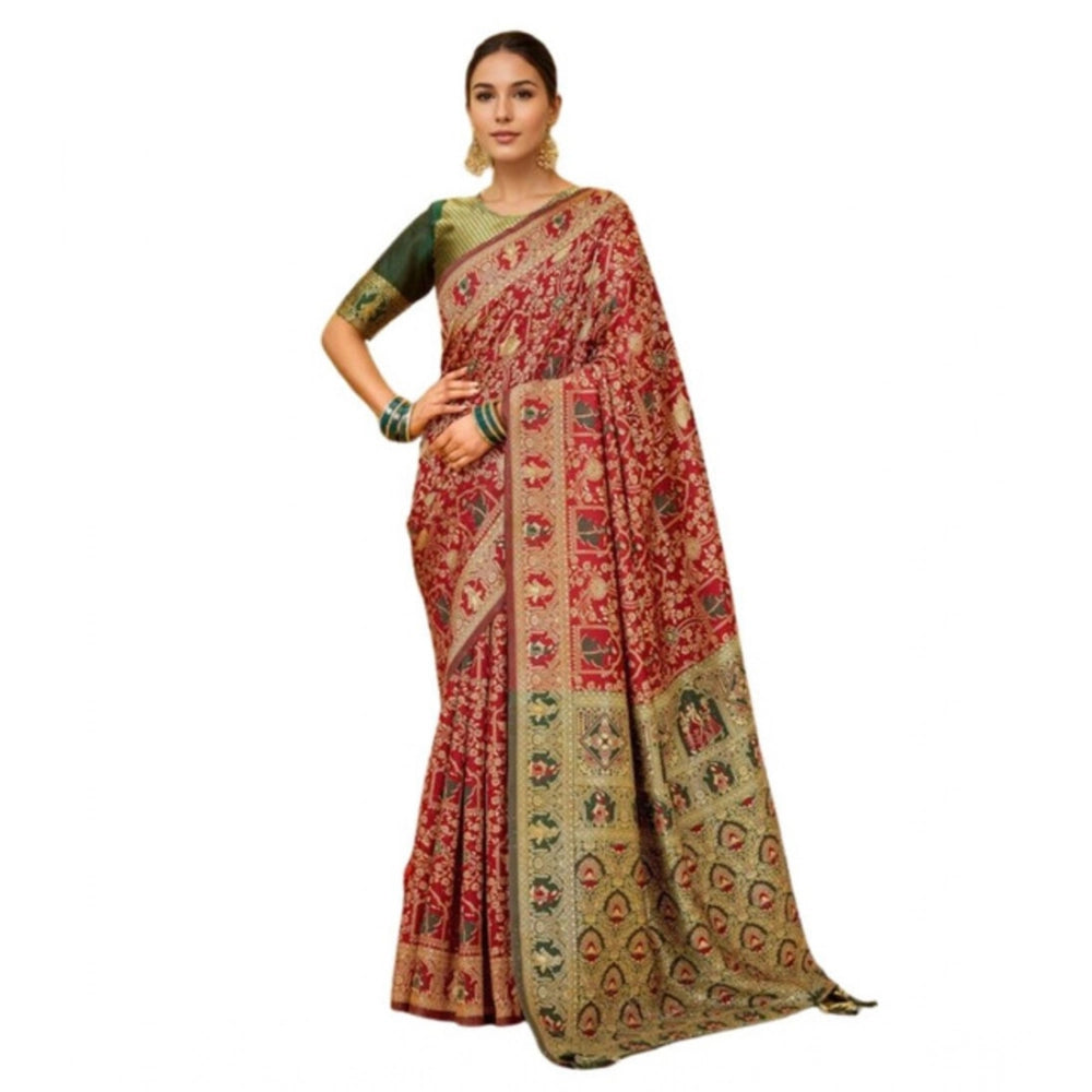 Generic Women's Silk Blend Woven Paithani Saree With Unstitched Blouse 5.5Mtr (Red)