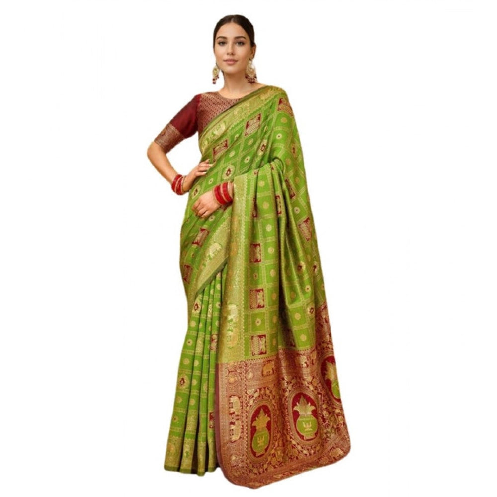 Generic Women's Silk Blend Woven Zari Work Saree With Unstitched Blouse 5.5Mtr (Light Green)