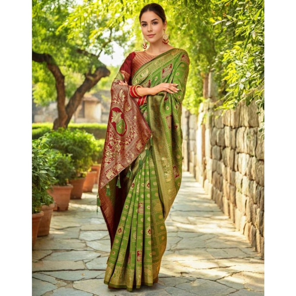 Generic Women's Silk Blend Woven Zari Work Saree With Unstitched Blouse 5.5Mtr (Light Green)