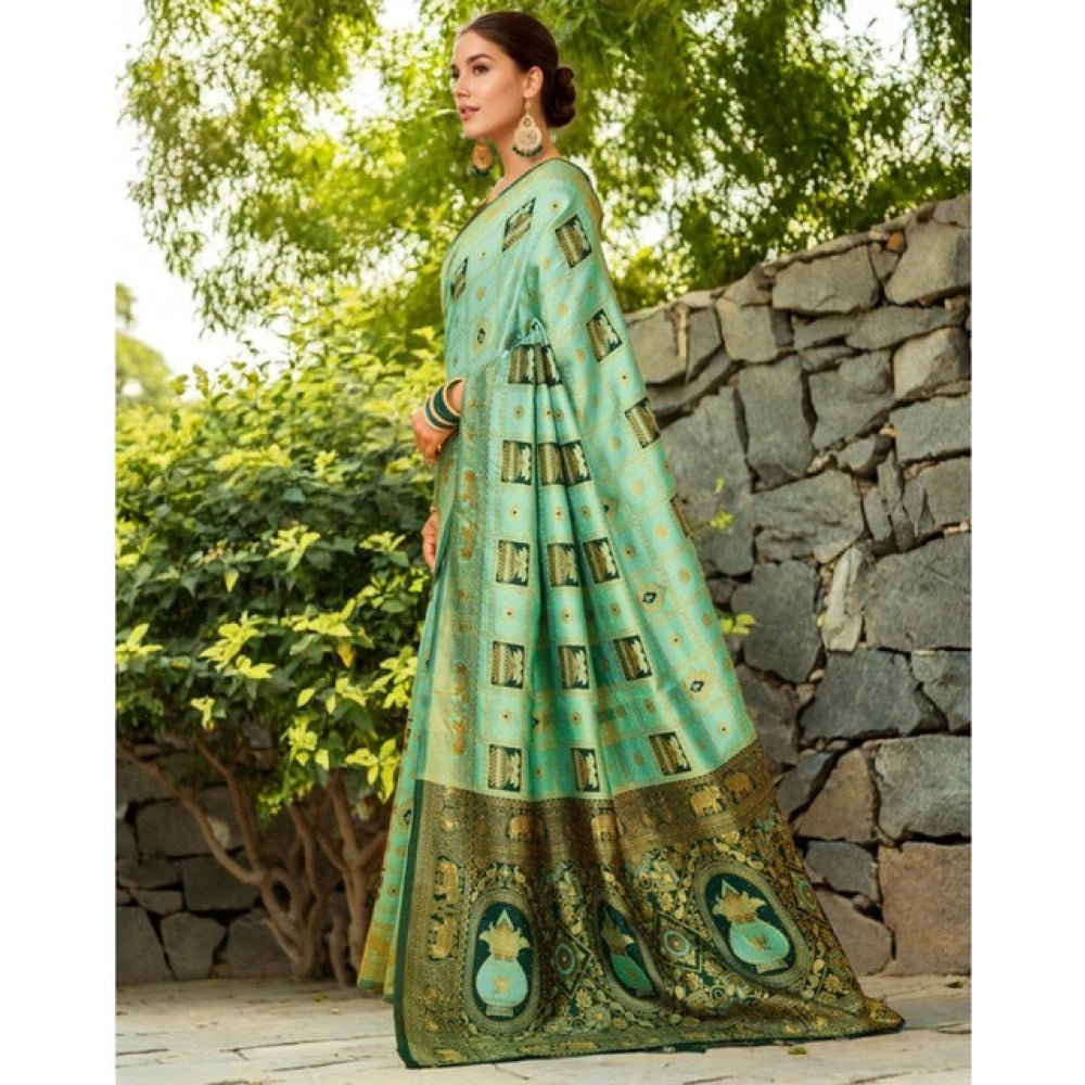 Generic Women's Silk Blend Woven Zari Work Saree With Unstitched Blouse 5.5Mtr (Mint Green)