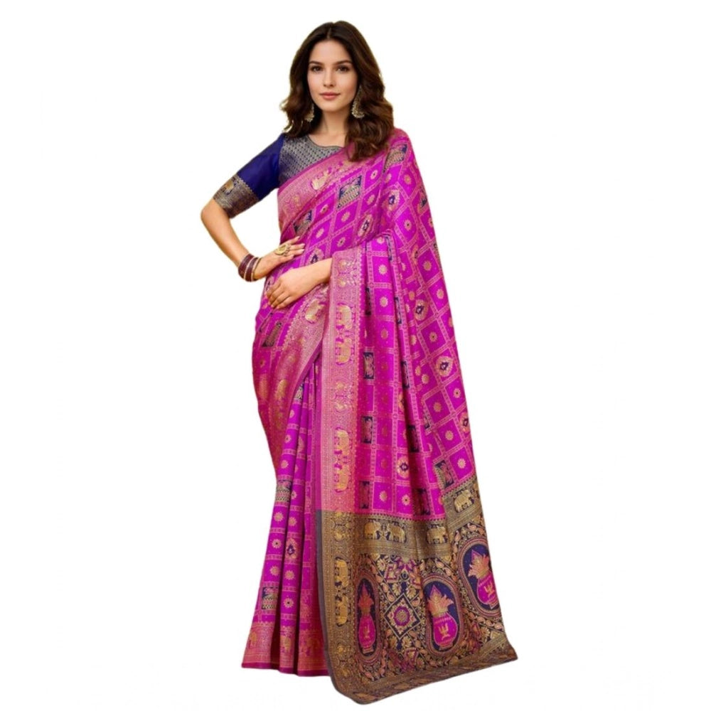 Generic Women's Silk Blend Woven Zari Work Saree With Unstitched Blouse 5.5Mtr (Pink)