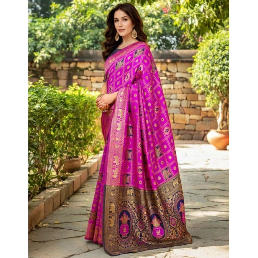 Generic Women's Silk Blend Woven Zari Work Saree With Unstitched Blouse 5.5Mtr (Pink)