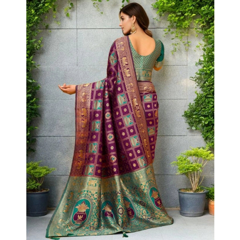 Generic Women's Silk Blend Woven Zari Work Saree With Unstitched Blouse 5.5Mtr (Purple)