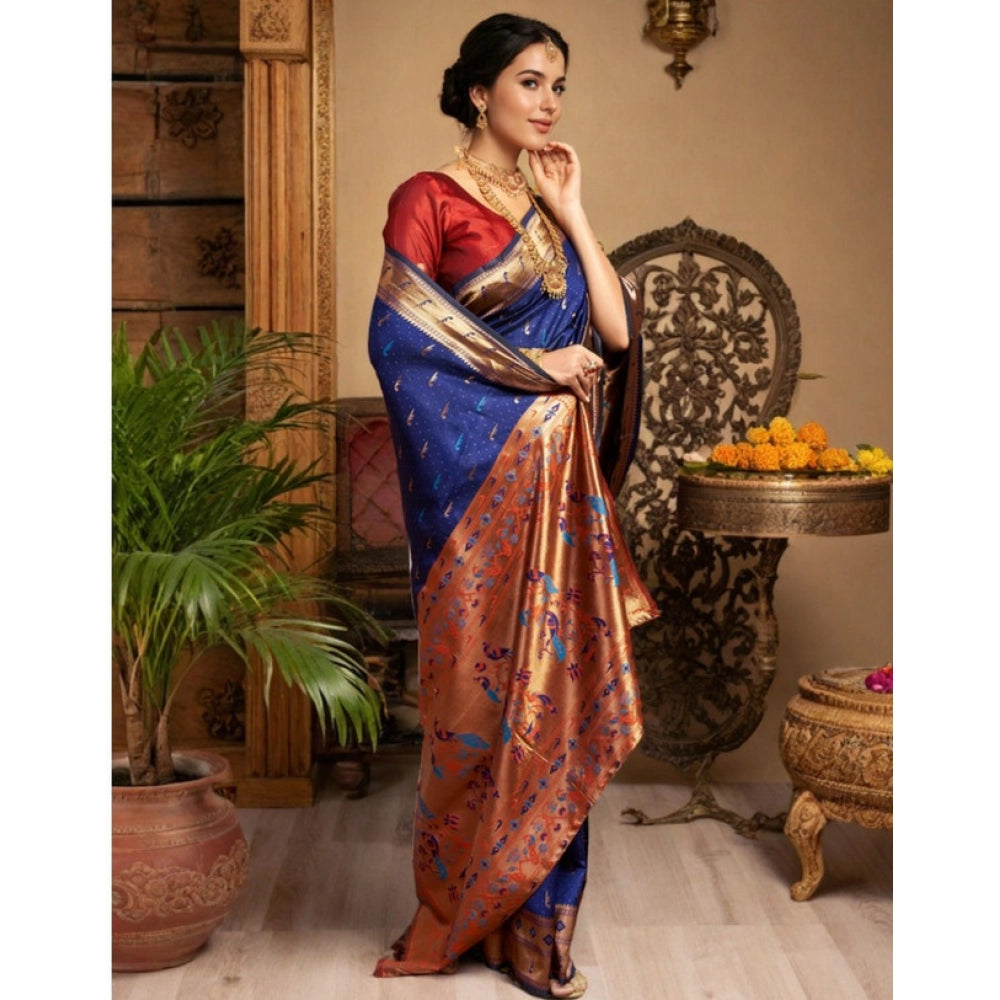 Generic Women's Silk Blend Zari Woven Saree With Unstitched Blouse 5.5Mtr (Navy)
