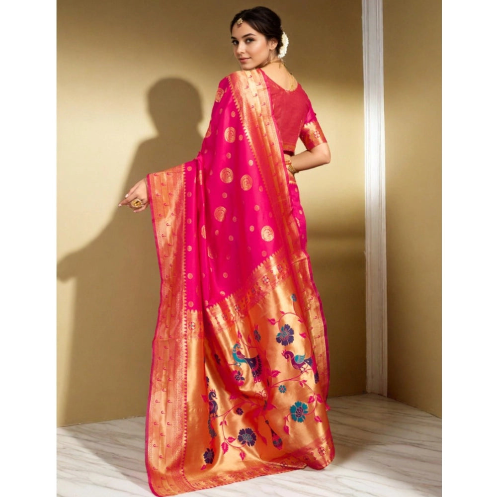 Generic Women's Silk Blend Paithani Saree With Unstitched Blouse 5.5Mtr (Pink)
