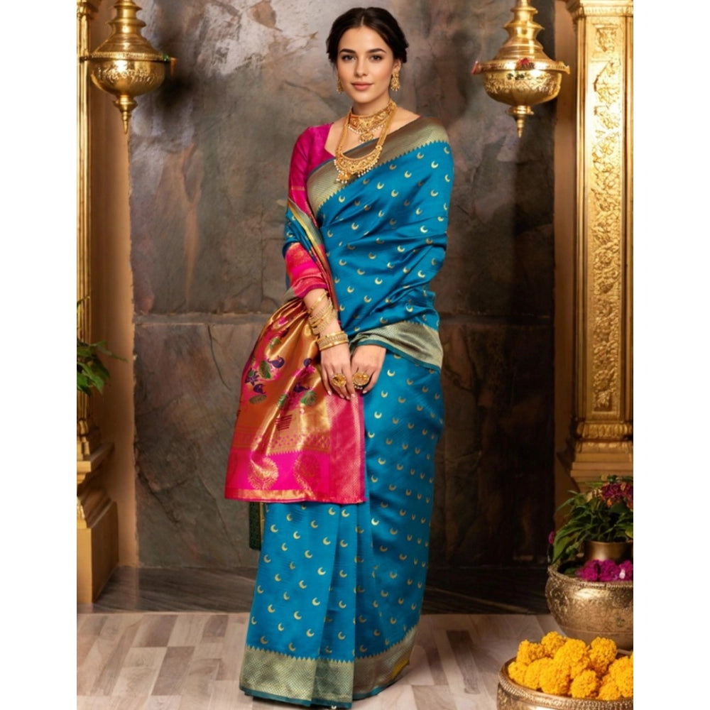 Generic Women's Silk Blend Zari Woven Saree With Unstitched Blouse 5.5Mtr (Aqua)