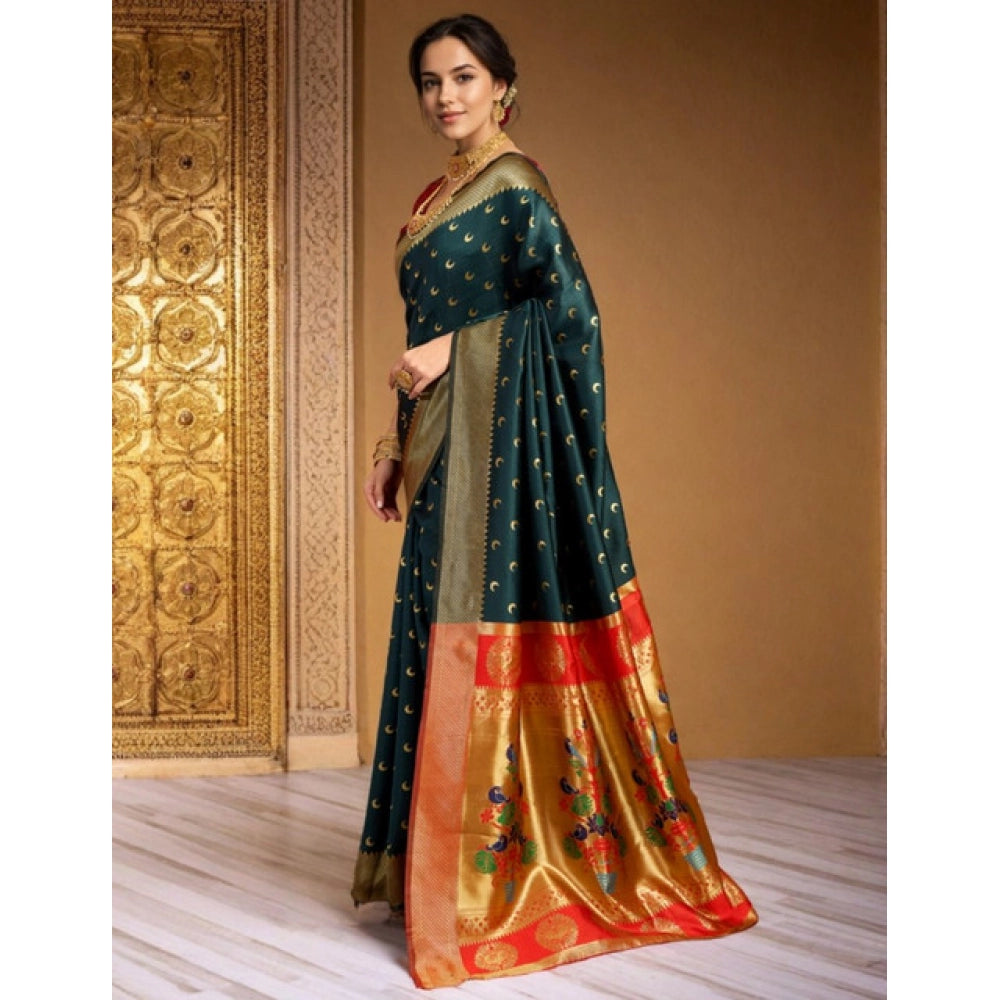 Generic Women's Silk Blend Zari Woven Saree With Unstitched Blouse 5.5Mtr (Dark-Green)