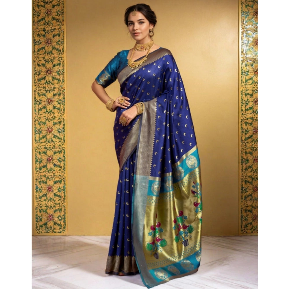 Generic Women's Silk Blend Zari Woven Saree With Unstitched Blouse 5.5Mtr (Navy)