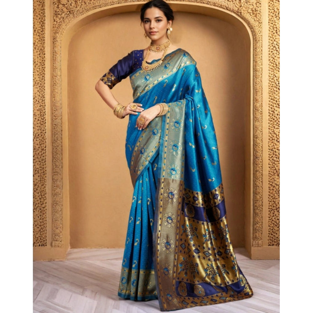 Generic Women's Silk Blend Zari Weaving Saree With Unstitched Blouse 5.5Mtr (Aqua)