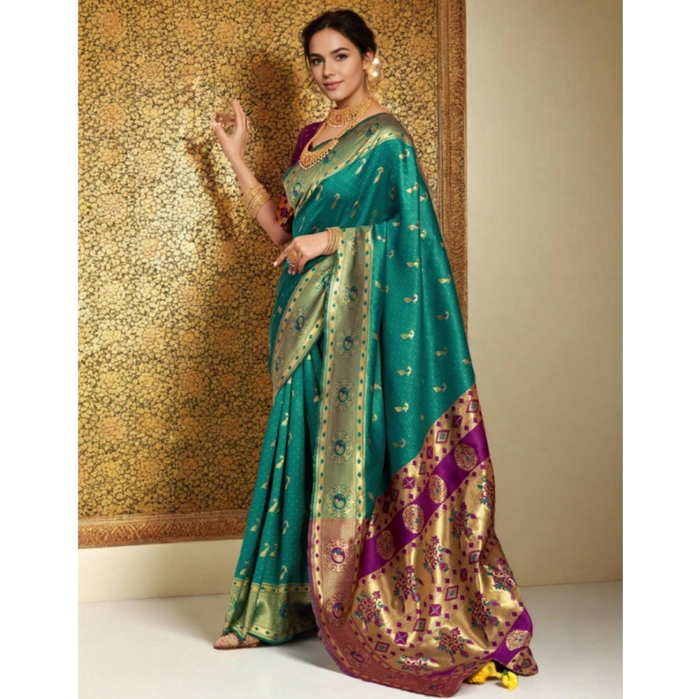 Generic Women's Silk Blend Zari Weaving Saree With Unstitched Blouse 5.5Mtr (Green)
