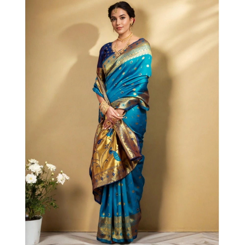 Generic Women's Silk Blend Zari Weaving Saree With Unstitched Blouse 5.5Mtr (Aqua)