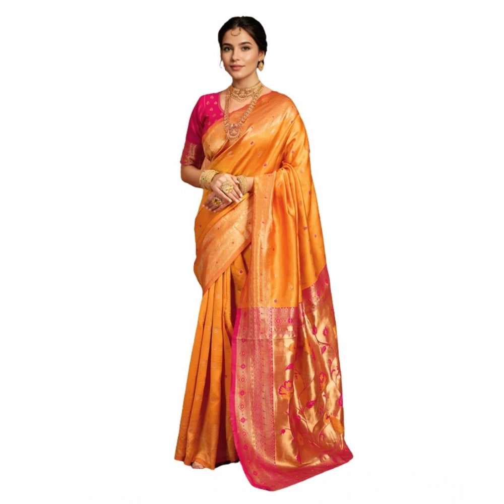 Generic Women's Silk Blend Zari Weaving Saree With Unstitched Blouse 5.5Mtr (Orange)