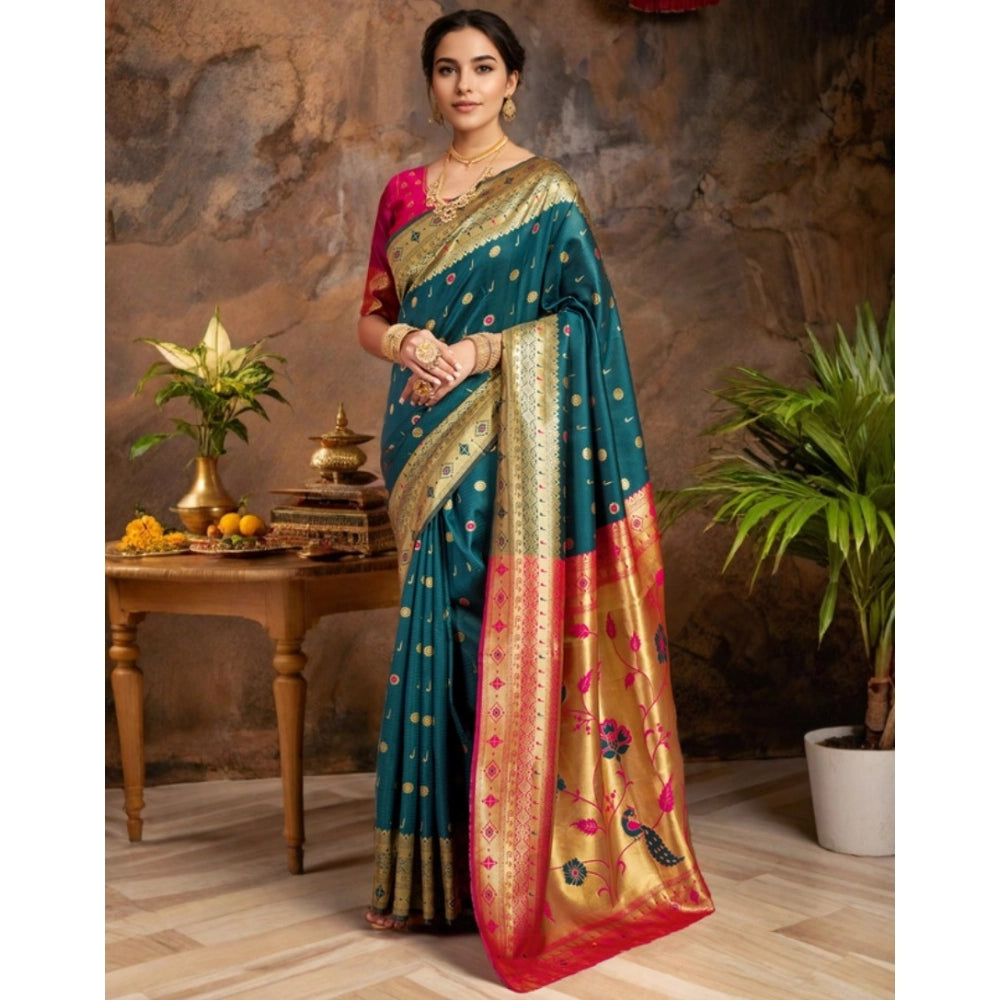 Generic Women's Silk Blend Zari Weaving Saree With Unstitched Blouse 5.5Mtr (Rama)
