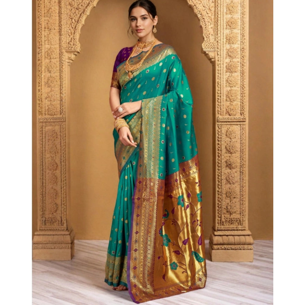 Generic Women's Silk Blend Zari Weaving Saree With Unstitched Blouse 5.5Mtr (Teal)