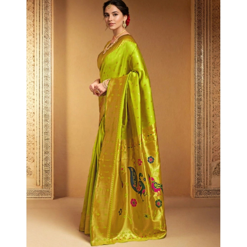 Generic Women's Silk Blend Zari Weaving Saree With Unstitched Blouse 5.5Mtr (Lime-Green)