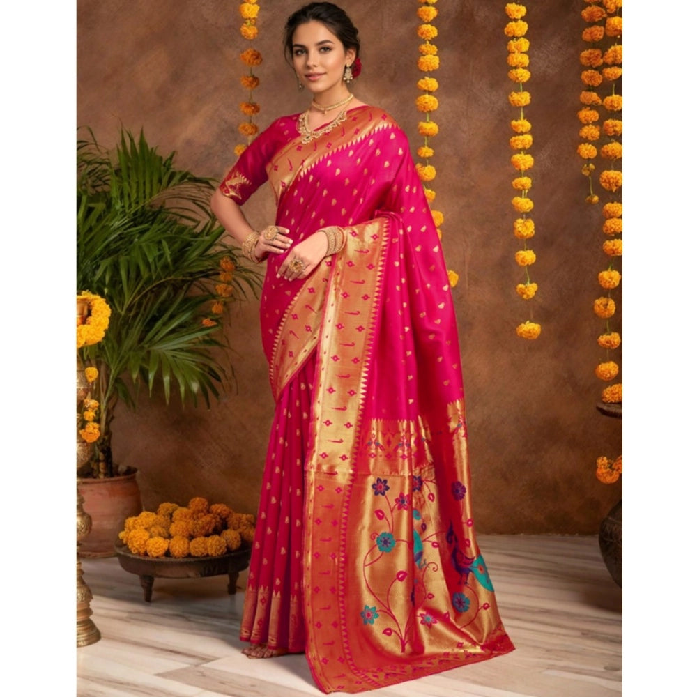 Generic Women's Silk Blend Zari Weaving Saree With Unstitched Blouse 5.5Mtr (Pink)