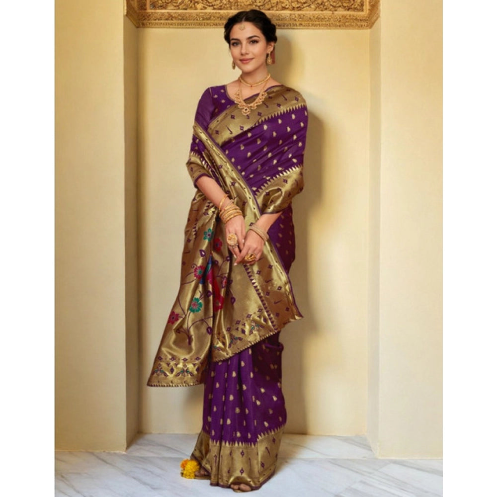 Generic Women's Silk Blend Zari Weaving Saree With Unstitched Blouse 5.5Mtr (Purple)