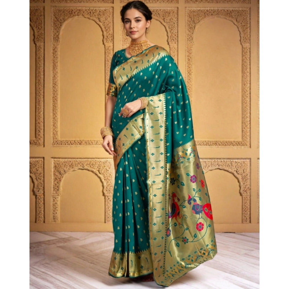 Generic Women's Silk Blend Zari Weaving Saree With Unstitched Blouse 5.5Mtr (Rama)
