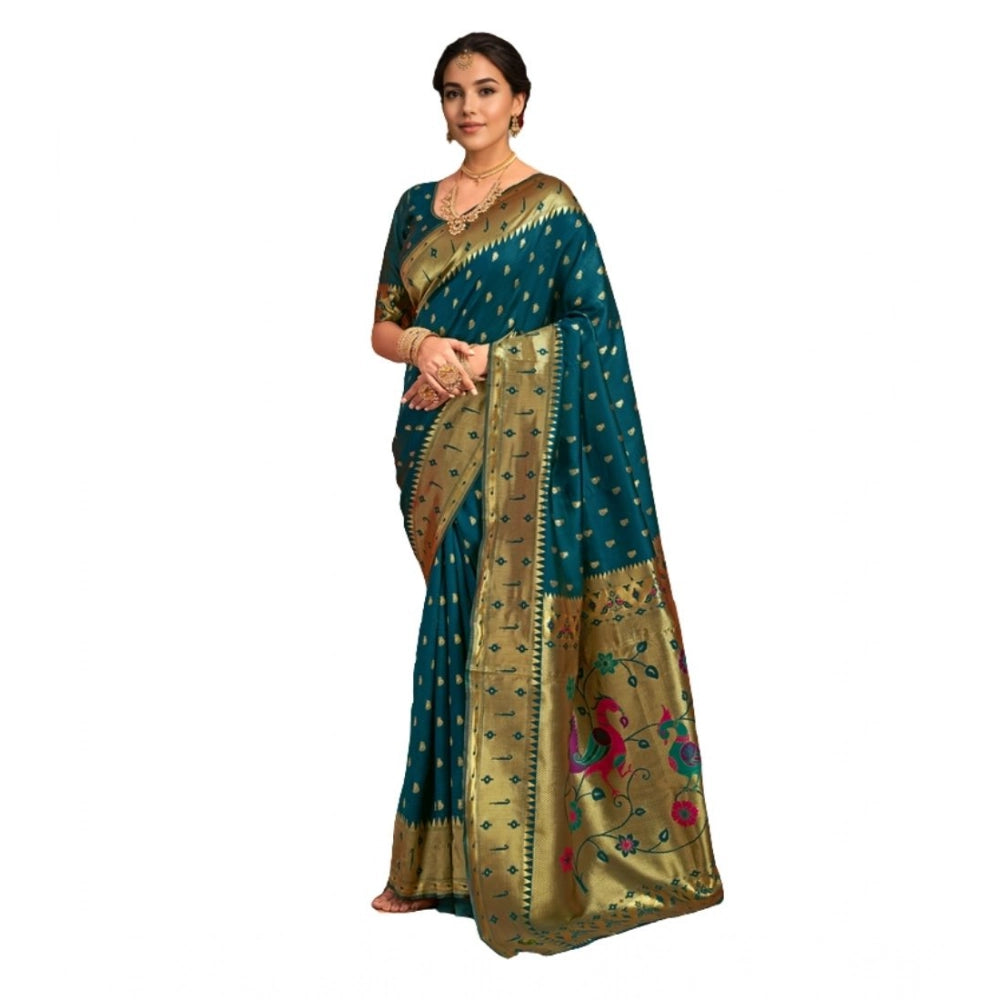 Generic Women's Silk Blend Zari Weaving Saree With Unstitched Blouse 5.5Mtr (Teal)
