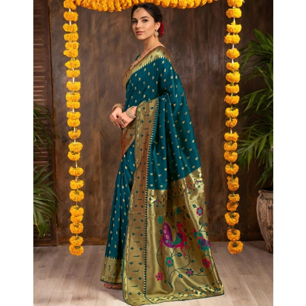 Generic Women's Silk Blend Zari Weaving Saree With Unstitched Blouse 5.5Mtr (Teal)