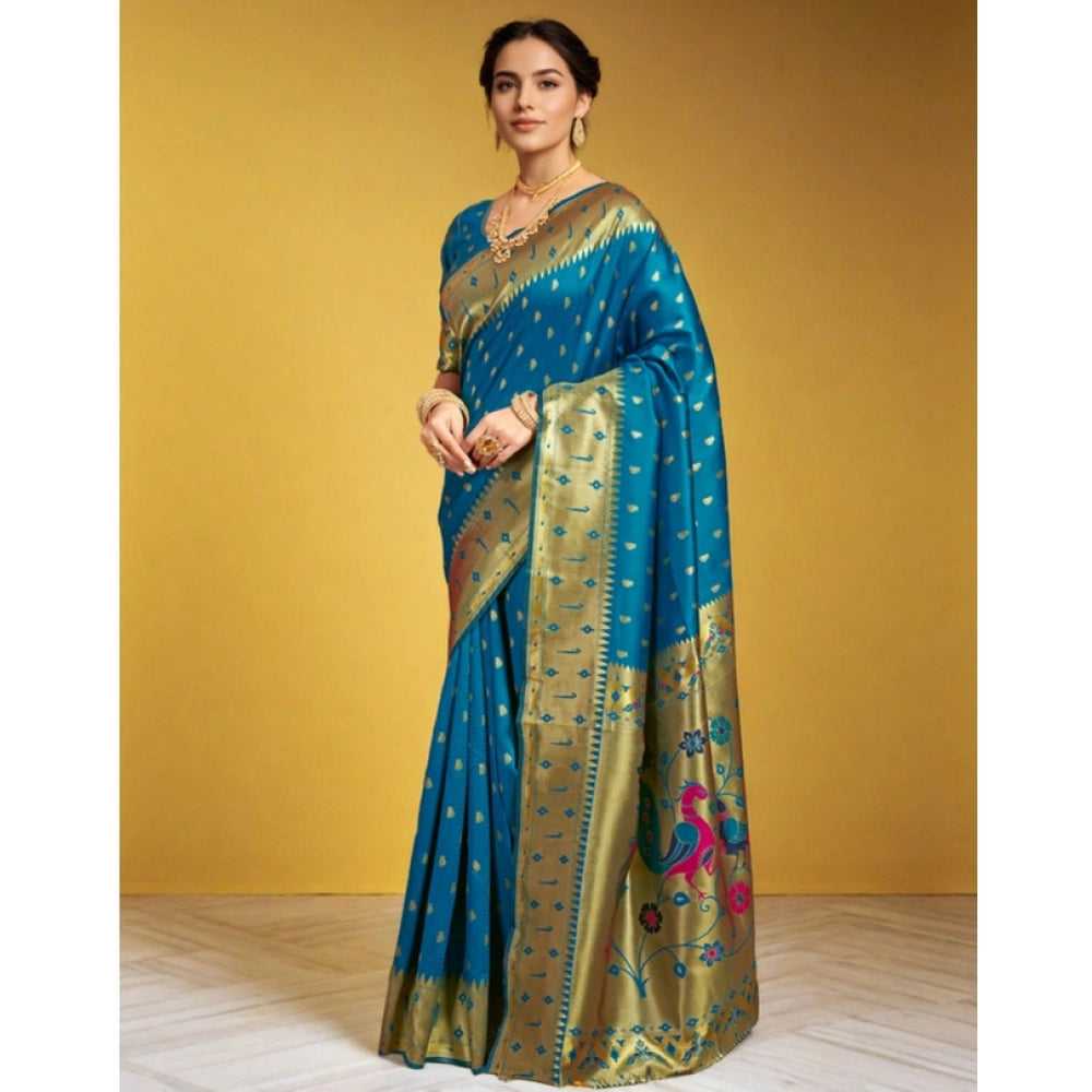 Generic Women's Silk Blend Zari Weaving Saree With Unstitched Blouse 5.5Mtr (Turquoise)