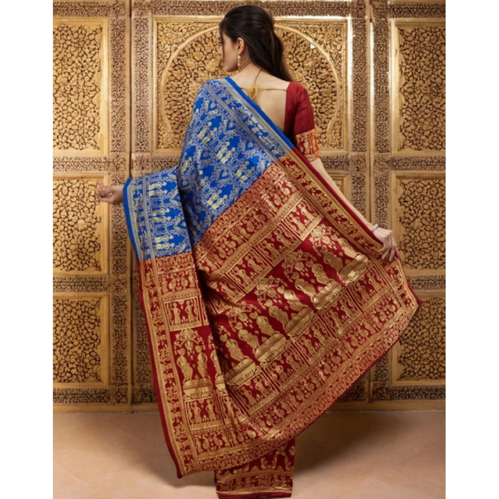 Generic Women's Silk Blend Zari Weaving Saree With Unstitched Blouse 5.5Mtr (Blue)