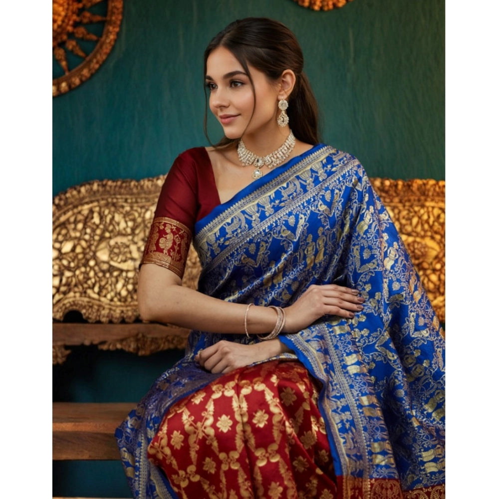 Generic Women's Silk Blend Zari Weaving Saree With Unstitched Blouse 5.5Mtr (Blue)