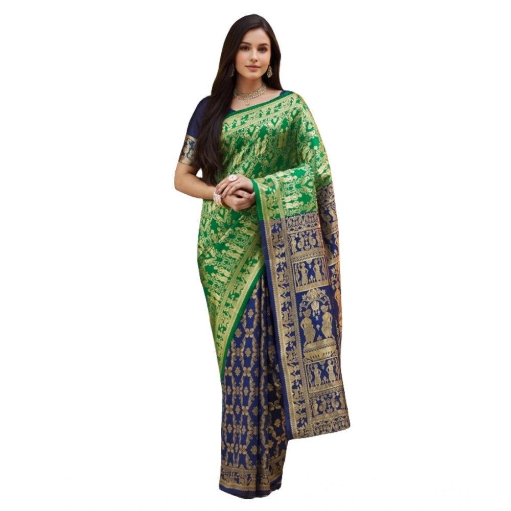 Generic Women's Silk Blend Zari Weaving Saree With Unstitched Blouse 5.5Mtr (Green)