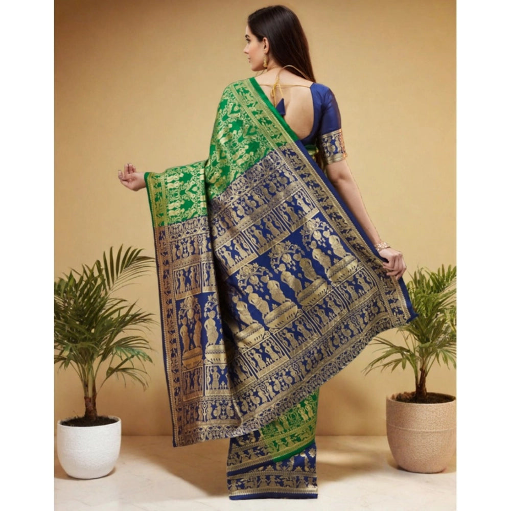 Generic Women's Silk Blend Zari Weaving Saree With Unstitched Blouse 5.5Mtr (Green)
