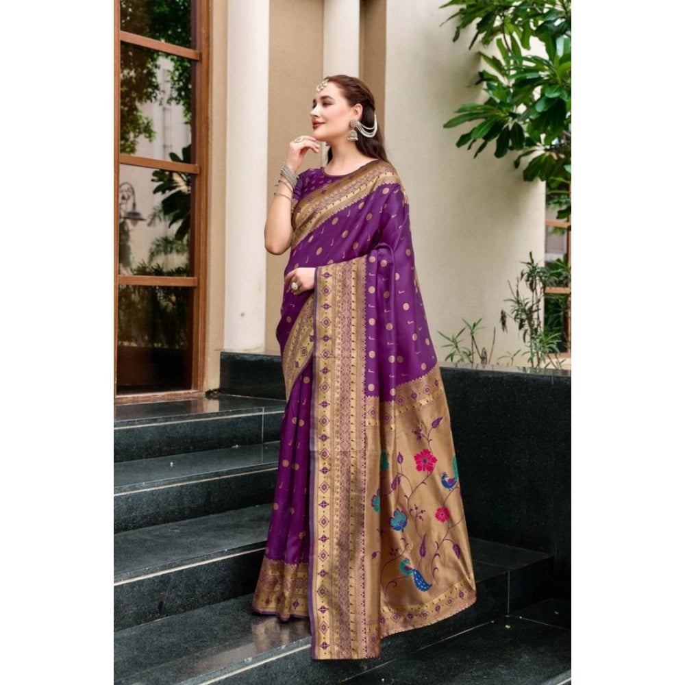 Generic Women's Silk Blend Paithani Weaving Saree With Unstitched Blouse 5.5Mtr (Purple)