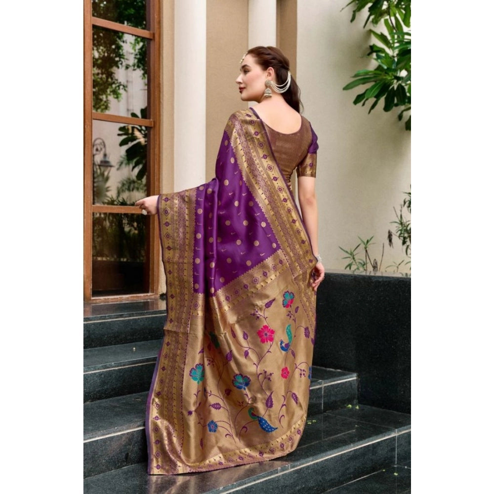 Generic Women's Silk Blend Paithani Weaving Saree With Unstitched Blouse 5.5Mtr (Purple)