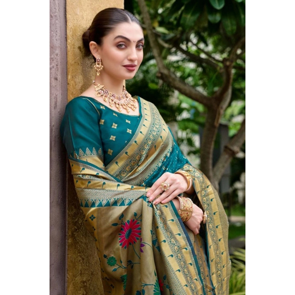 Generic Women's Silk Blend Paithani Weaving Saree With Unstitched Blouse 5.5Mtr (Teal)