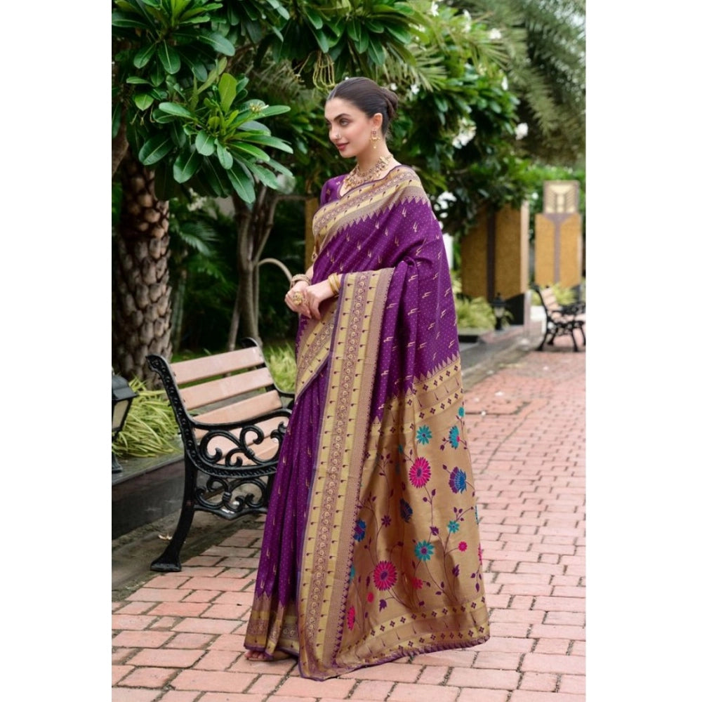 Generic Women's Silk Blend Zari Woven Saree With Unstitched Blouse 5.5Mtr (Purple)