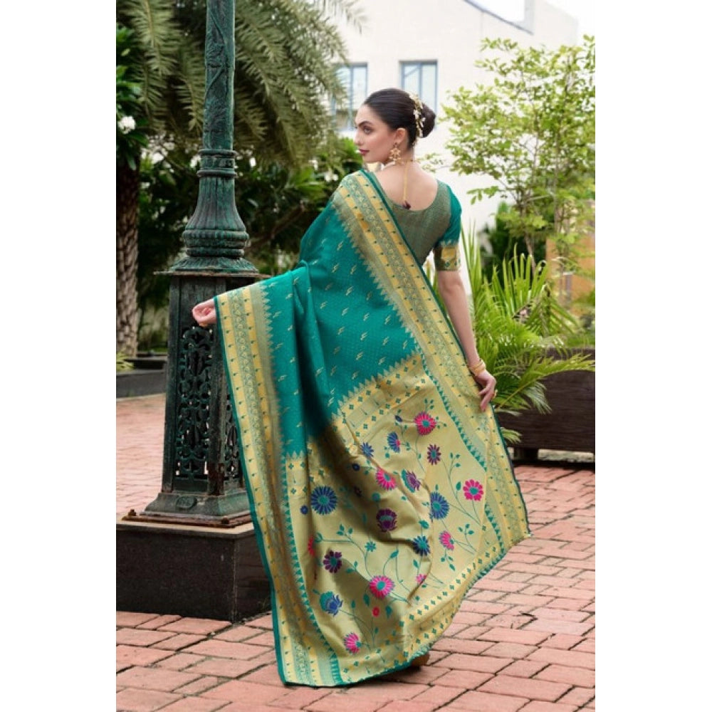 Generic Women's Silk Blend Zari Woven Saree With Unstitched Blouse 5.5Mtr (Teal)