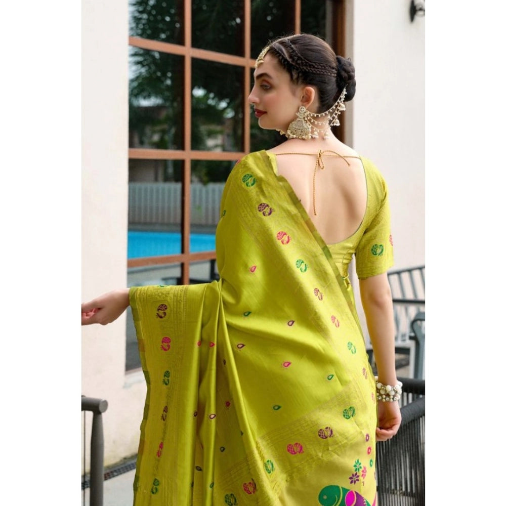 Generic Women's Silk Blend Paithani Weaving Saree With Unstitched Blouse 5.5Mtr (Lime-Green)
