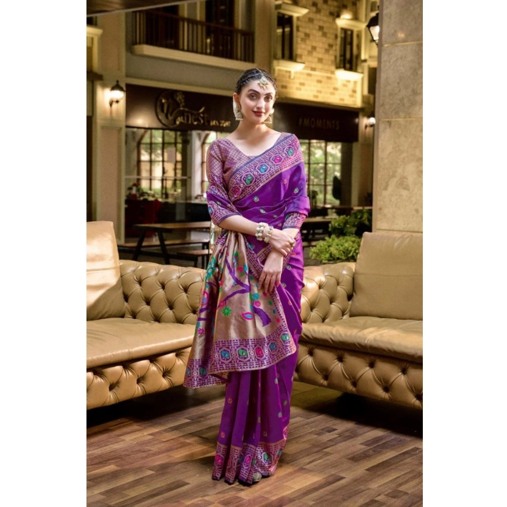 Generic Women's Silk Blend Paithani Weaving Saree With Unstitched Blouse 5.5Mtr (Purple)