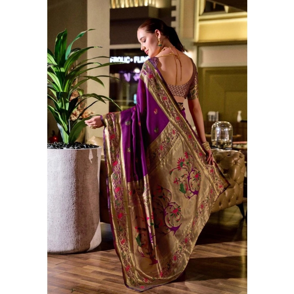 Generic Women's Silk Blend Zari Woven Saree With Unstitched Blouse 5.5Mtr (Purple)