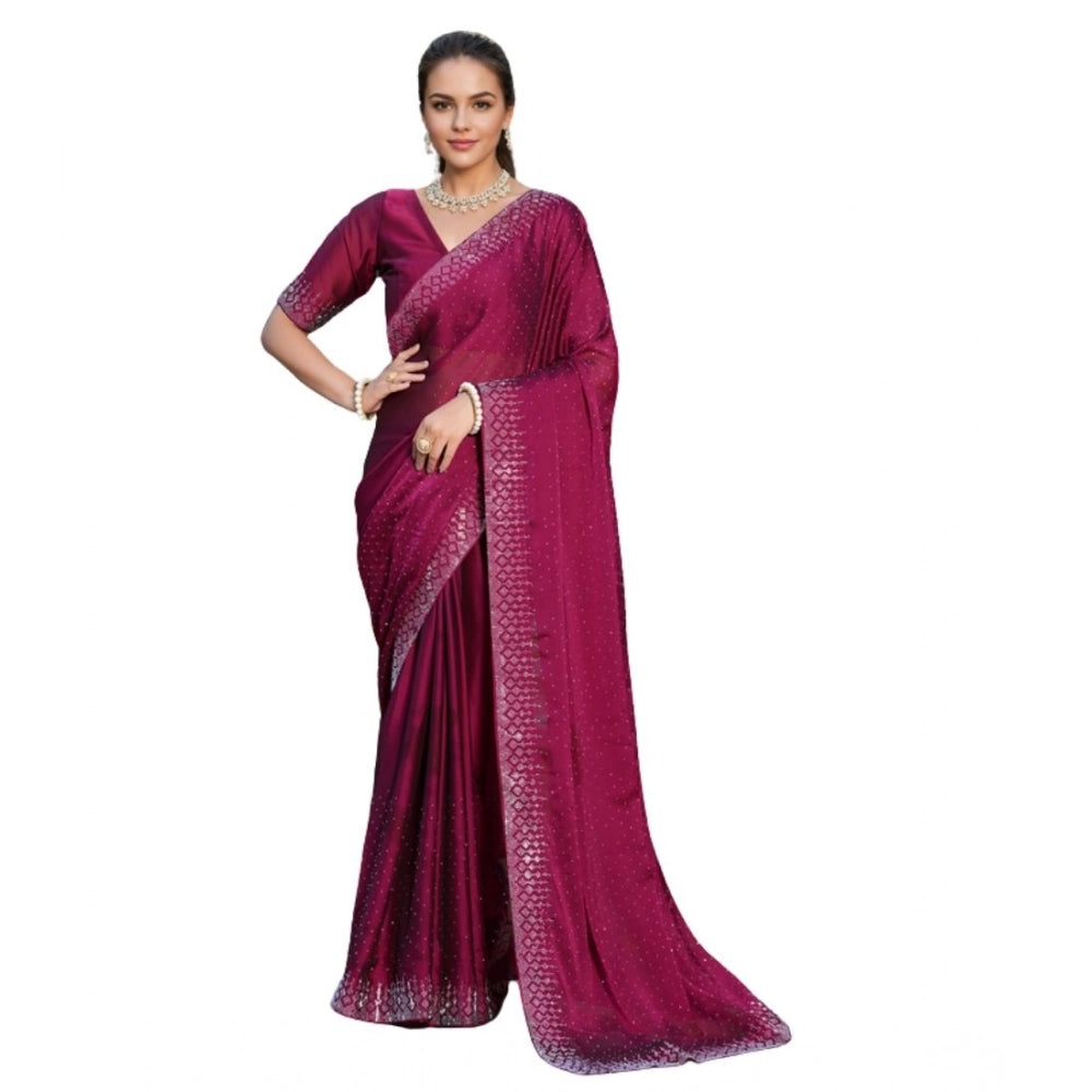 Generic Women's Rangoli Diamond Weaving - Stone Work Saree With Unstitched Blouse 5.5Mtr (Maroon)